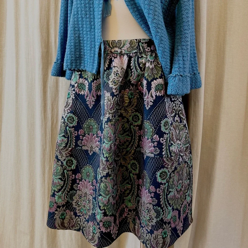 Taffeta Circle Skirt Tapestry Elegance Metallic Green and Blue Full Midi - Picture 3 of 5